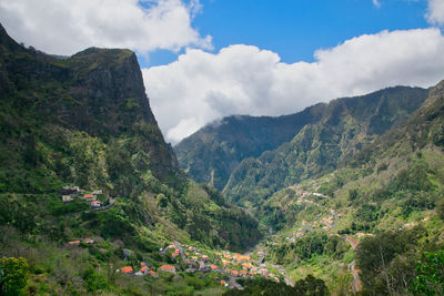 Scenic view of mountains against cloudy sky