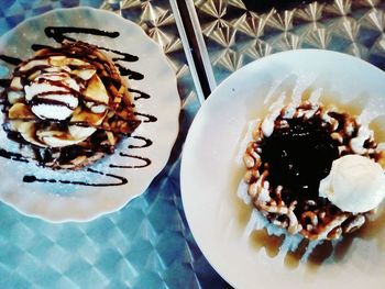 High angle view of dessert in plate on table