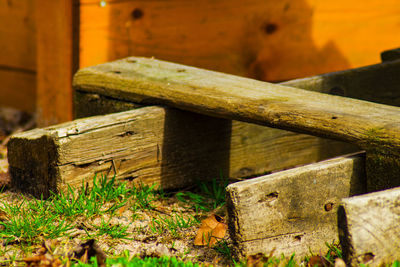 Close-up of old wooden bench