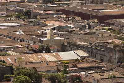 High angle view of houses in town