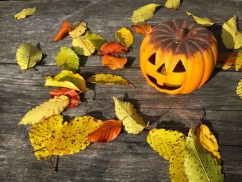 High angle view of orange leaves on wooden table