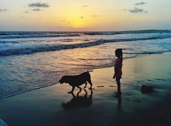Side view of girl with dog standing at shore