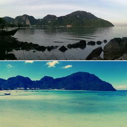 Scenic view of sea and mountains against sky