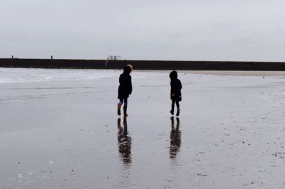 Rear view of siblings walking at beach