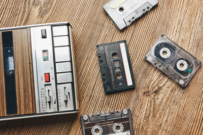 Cassette tapes and recorder. retro music style. 80s music party. analog sound. back to the past