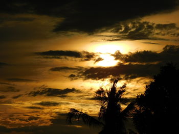 Silhouette tree by house against dramatic sky during sunset