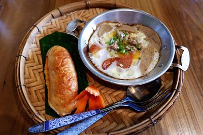 High angle view of soup in bowl