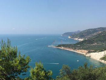 High angle view of bay against sky