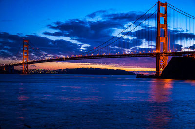 View of suspension bridge over river at dusk