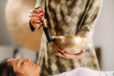 Tibetan singing bowl in sound healing therapy