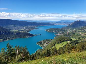 High angle view of lake and mountains against sky