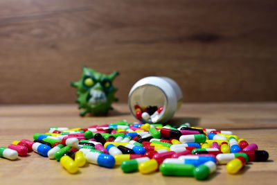 Close-up of multi colored candies on table