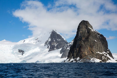 Scenic view of sea by snowcapped mountain against sky