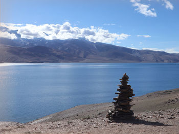 Scenic view of lake by mountains against sky