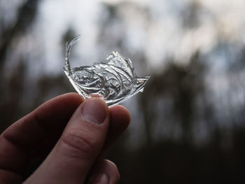 Close-up of hand holding ice crystal in shape of bird