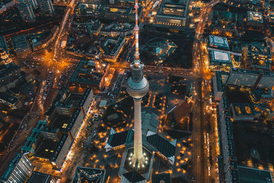 High angle view of illuminated buildings at night