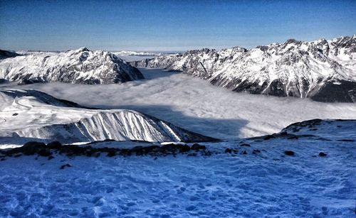 Scenic view of frozen lake against clear blue sky