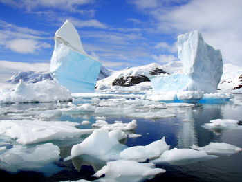 Scenic view of ice floating on lake against sky