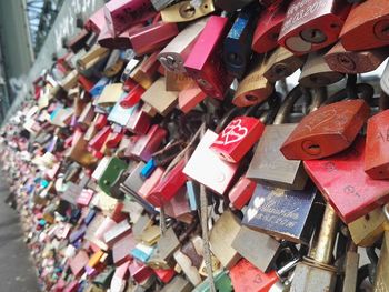 Close-up of padlocks hanging on railing