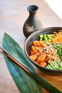 High angle view of vegetables in bowl on table