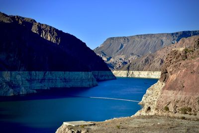 Scenic view of lake by mountains against clear blue sky