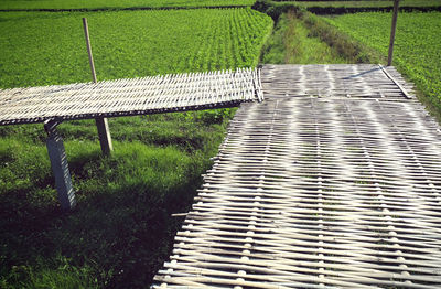 High angle view of bench in park