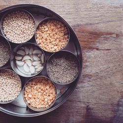 Directly above shot of various food in container on table