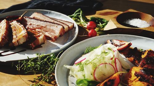 High angle view of food served on table