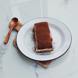 High angle view of cake in plate on table