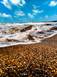 Surface level of beach against sky