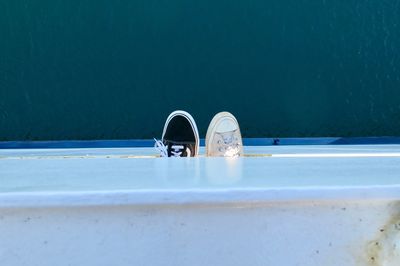 High angle view of shoes on wall