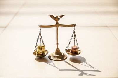 Close-up of coins on weight scale