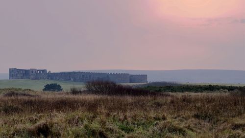 Scenic view of grassy field against sky at sunset