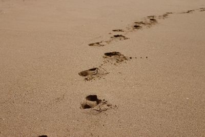 High angle view of footprints on sand at beach