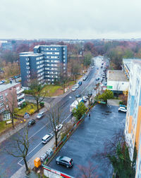 High angle view of street amidst buildings in city