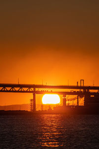 Silhouette bridge over river against sky during sunset