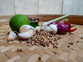 Close-up of herbs and spices on table