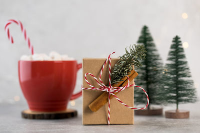 Gift box decorated with a cinnamon stick and a sprig of a christmas tree.