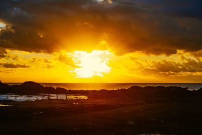 Scenic view of beach against sky during sunset