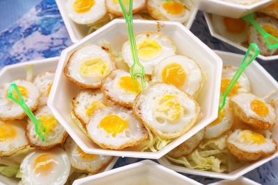 High angle view of breakfast served on table