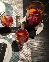 High angle view of beer in glass on table