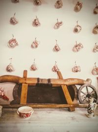 Close-up of clothes hanging on wall