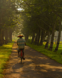 Rear view of man riding bicycle on road