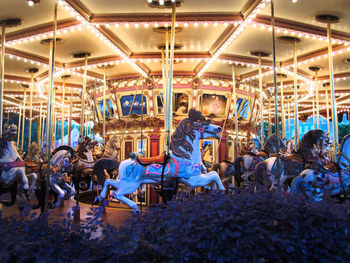 Illuminated carousel horses at amusement park