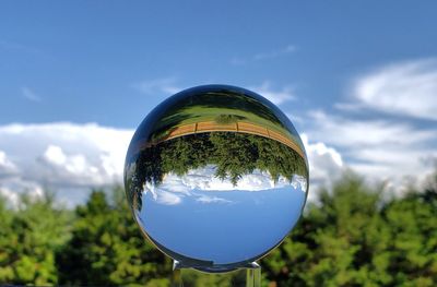 Close-up of reflection of trees against sky