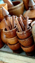 Close-up of mortar and pestles on table in store