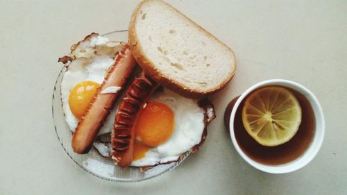 High angle view of breakfast on table