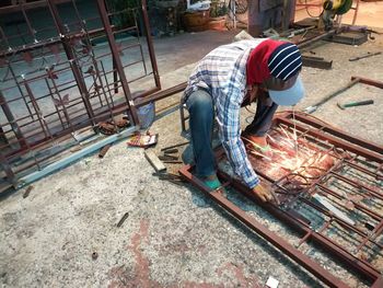 High angle view of man working