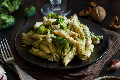 Close-up of pasta in plate on table