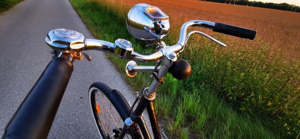 High angle view of bicycle parked on road